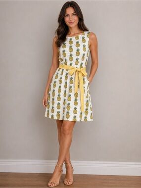 Garnet Hill Cotton Sleeveless Fit and Flare Pineapple Print Summer Dress Sz 14